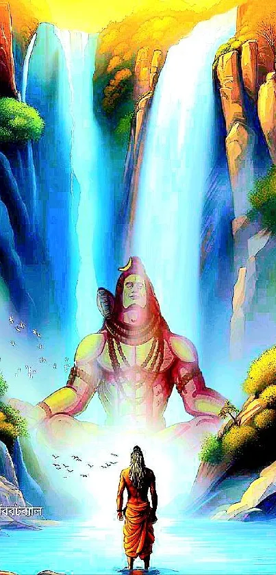 Vibrant artwork of a deity by a waterfall, ideal for spiritual meditation.