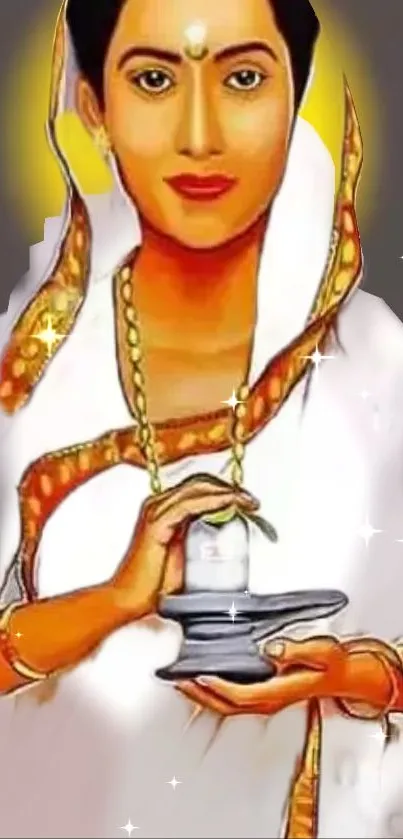 Spiritual woman in traditional attire holding a glowing lamp on mobile wallpaper.