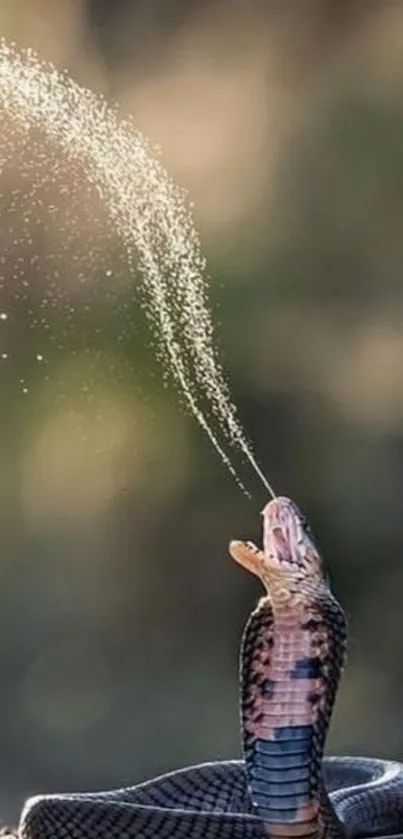 A spitting cobra captured mid-action in nature.