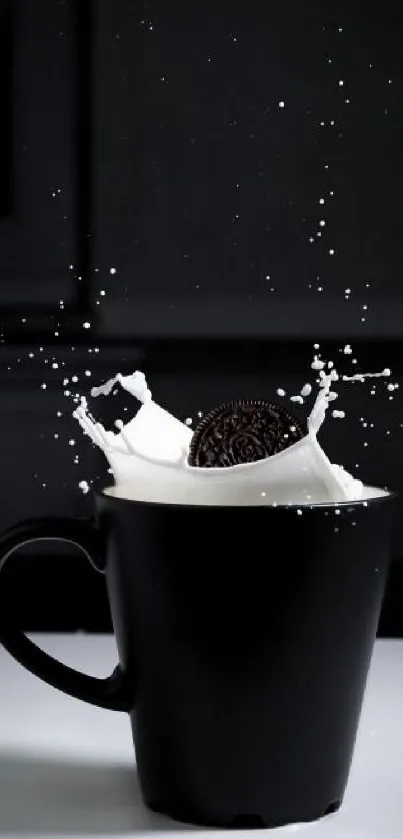 Black mug with milk splash and cookie in modern wallpaper art.