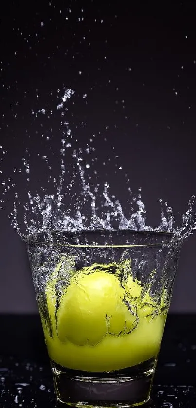 Yellow lemon splashes in a glass against a dark background.