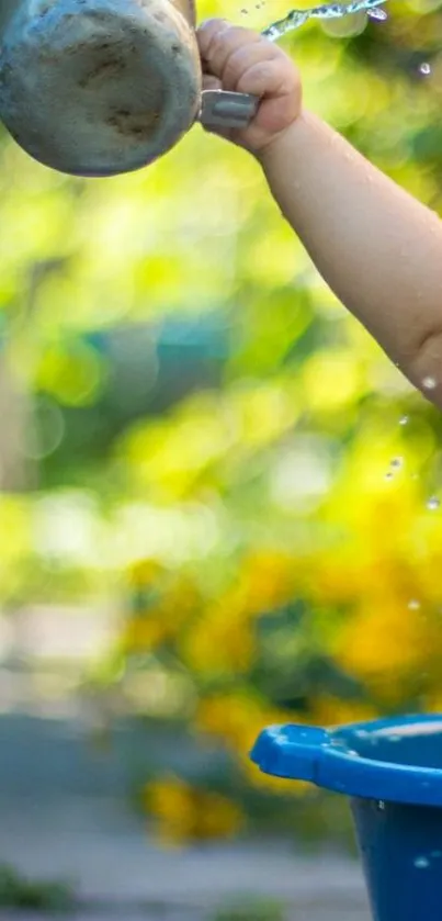 A child's hand splashes water with a metal pitcher against a bright background.