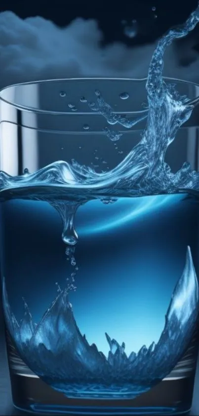 A glass of water splashing energetically with a cloudy, blue backdrop.