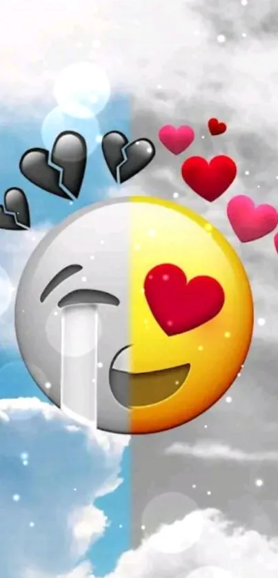 Split emoticon with hearts and clouds in a dual sky background.