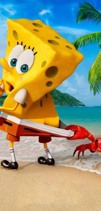 Sponge cartoon character on a tropical beach with ocean and palm trees.