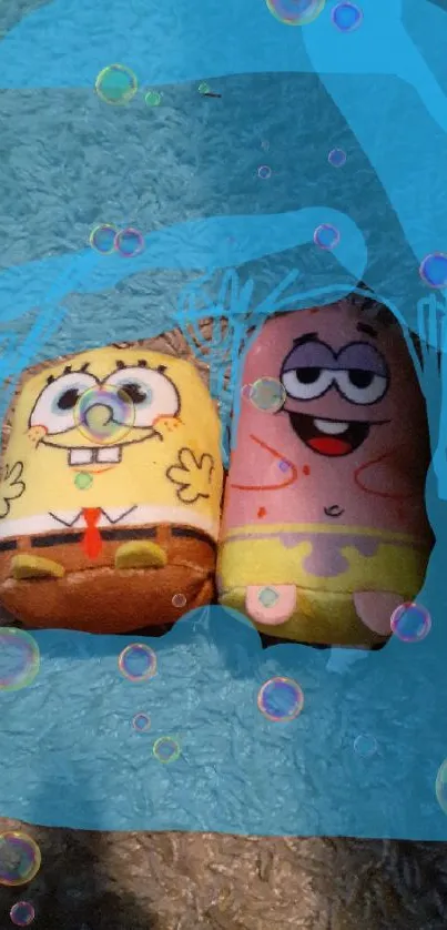 SpongeBob and Patrick toy art on textured background.