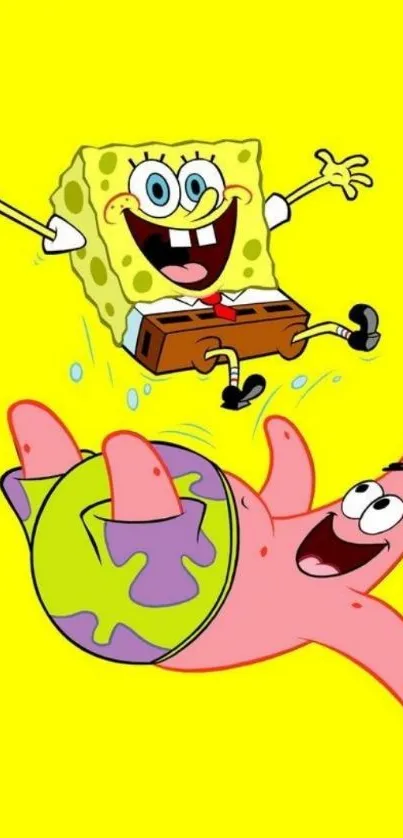 SpongeBob and Patrick having fun on a bright yellow background.