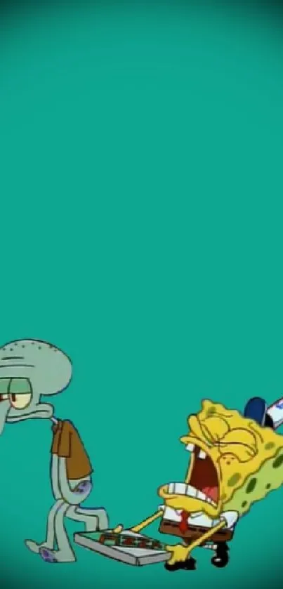 SpongeBob and Squidward on a teal background, cartoon wallpaper.