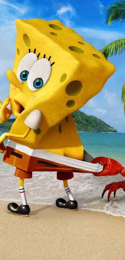 SpongeBob on a tropical beach with ocean and palm trees.