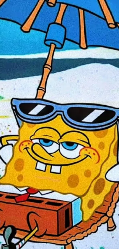 SpongeBob relaxing under a beach umbrella with sunglasses.