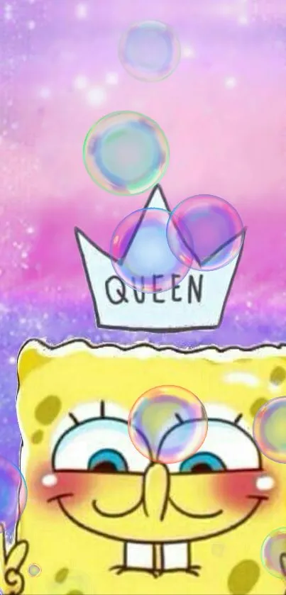 SpongeBob with a crown in a bubble theme background.