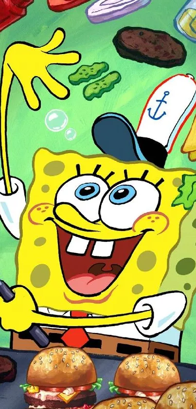 Playful SpongeBob with burgers and colorful background.