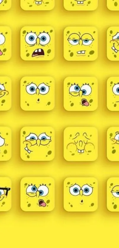 Colorful SpongeBob square faces on yellow background wallpaper.