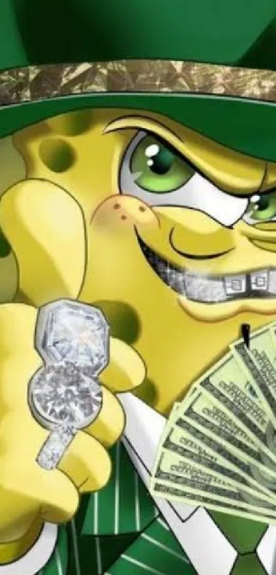 SpongeBob in a green suit holding money in gangster style wallpaper.