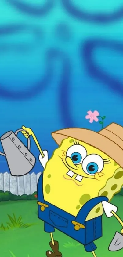 SpongeBob in gardening outfit with blue sky background.