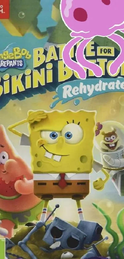 SpongeBob SquarePants and friends in a vibrant underwater adventure scene.