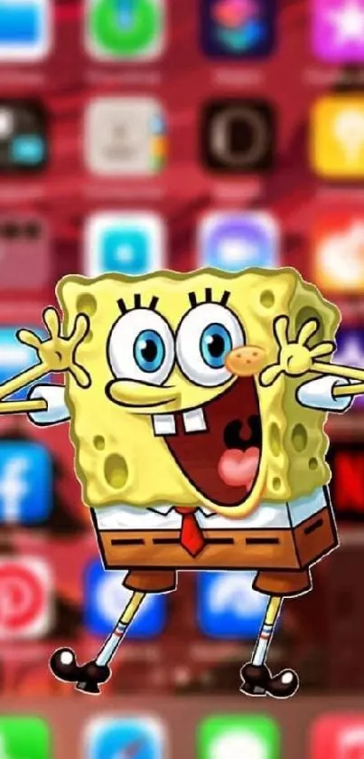 SpongeBob SquarePants character with colorful app icons in background.