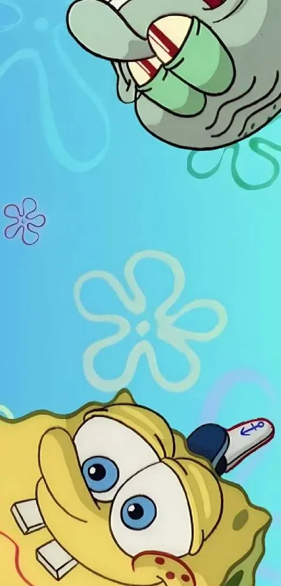 SpongeBob and Squidward fun wallpaper with blue background.