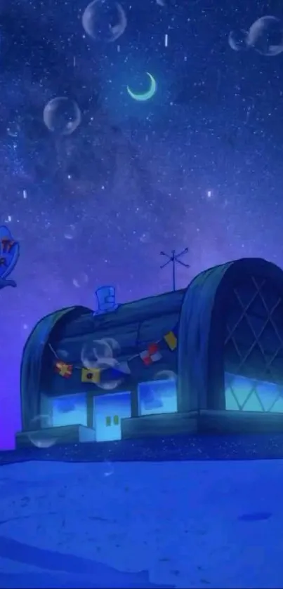 SpongeBob scene at Krusty Krab under a night sky with bubbles.