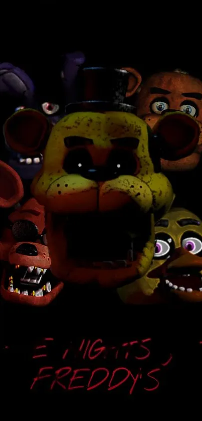 Spooky animatronic faces on a dark eerie background.