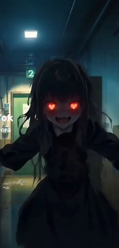 Anime figure with glowing red eyes in dark corridor.