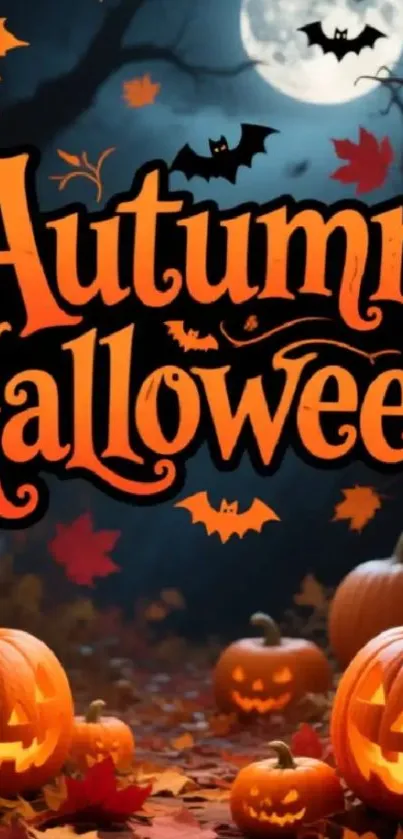Spooky Halloween wallpaper with pumpkins and bats under a full moon.