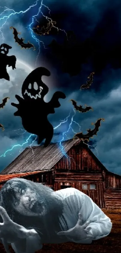 A haunted barn with ghosts and lightning under a stormy sky at night.