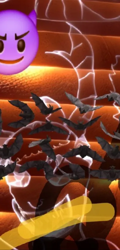 Spooky bat and devil emoji wallpaper with glowing patterns.