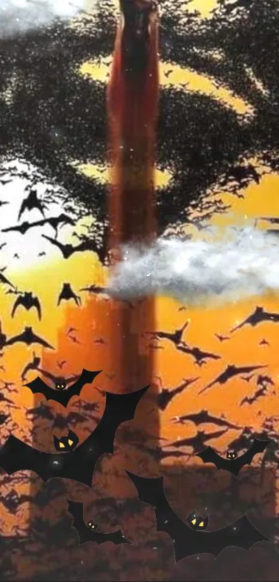 Spooky bat-themed mobile wallpaper with an orange and black night sky.