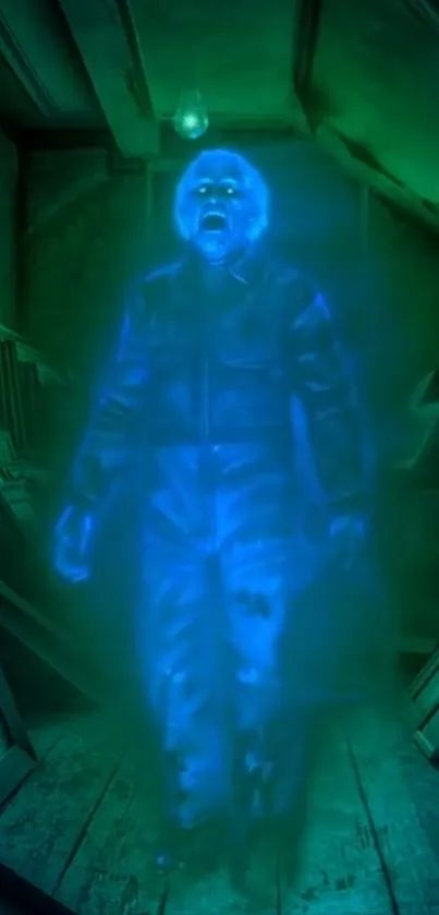 Eerie mobile wallpaper of a blue ghost in a dark attic setting with glowing effect.