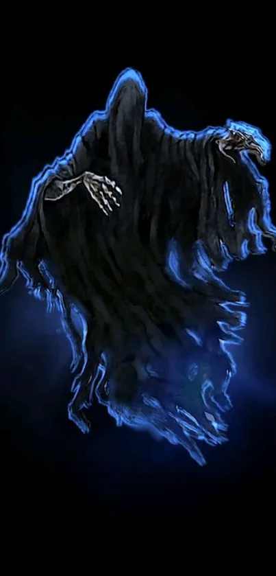 Spooky blue specter with glowing skeletal hands on a dark background.