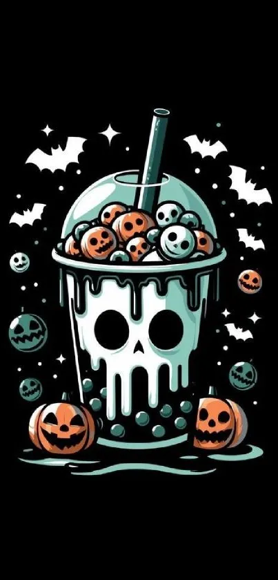 Halloween skull drink with bats and pumpkin faces on black background.