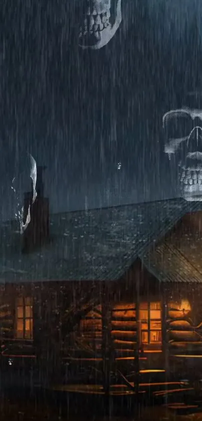 Spooky cabin under rain with skulls in the sky.