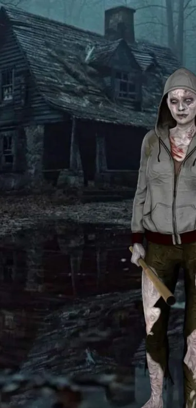 Zombie stands outside a spooky cabin in the woods.