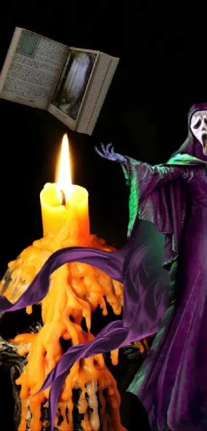 Ghostly figure by a candle with a floating book, mystical and spooky scene.