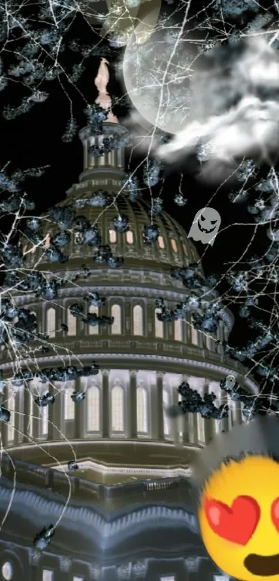 Spooky Capitol Halloween wallpaper with cobwebs and emojis.