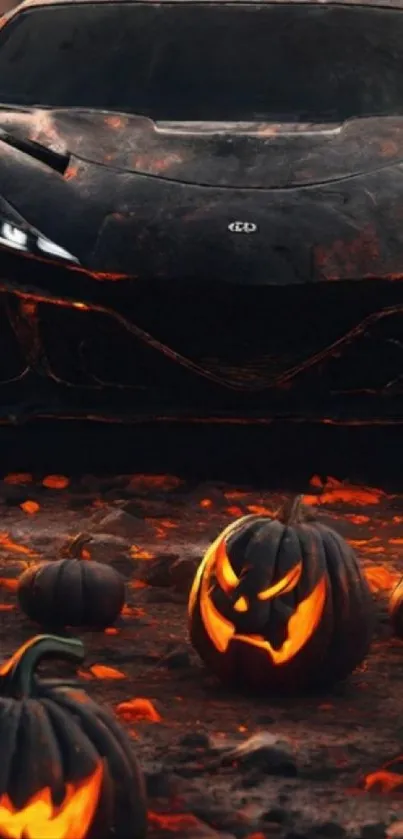 Sleek car with glowing pumpkins in a spooky Halloween setting.