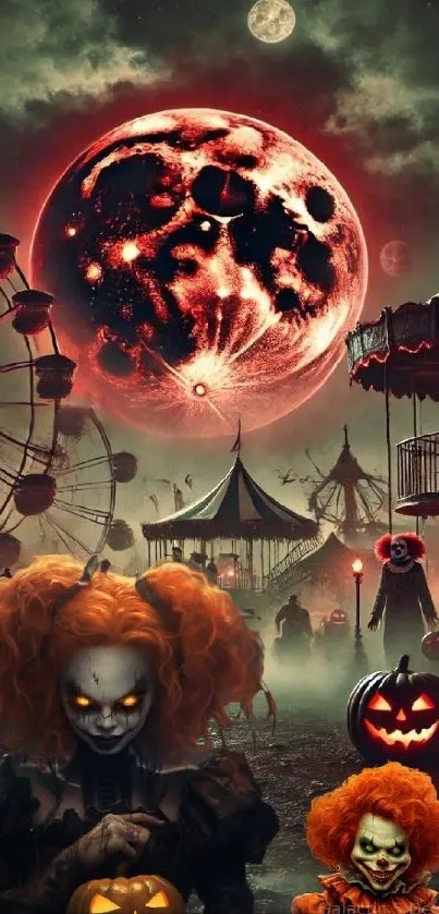 Halloween carnival wallpaper with clowns and a blood-red moon.