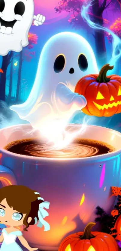Whimsical cartoon ghost and pumpkin over coffee cup in spooky forest.