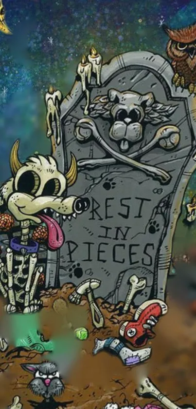 Spooky cartoon graveyard wallpaper with skeleton and tombstone.