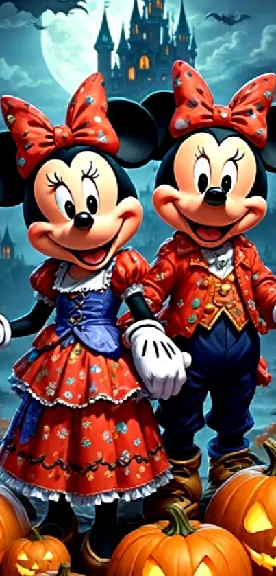 Cartoon couple in Halloween costumes amidst pumpkins and a spooky castle at night.