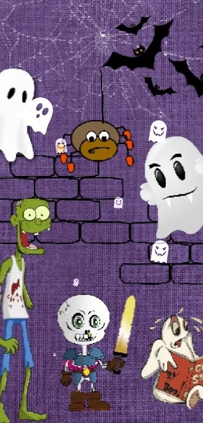 Cartoon Halloween wallpaper with ghosts, bats, and monsters on a purple background.