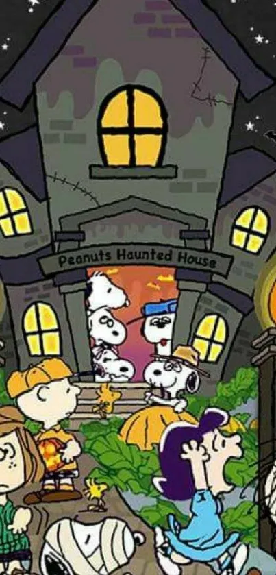 Cartoon characters at a spooky haunted house.