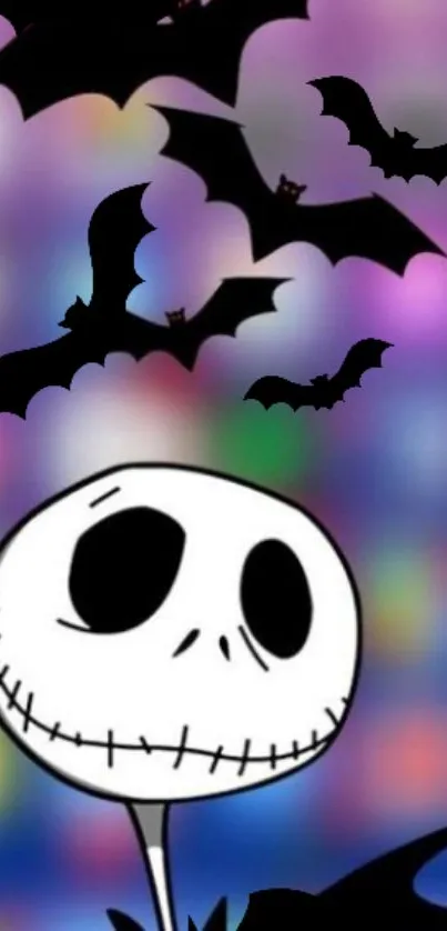 Spooky cartoon wallpaper with bats and a skeleton against a vibrant blurred background.