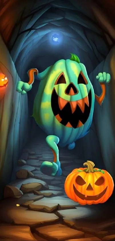 Colorful cartoon pumpkin in a spooky setting.