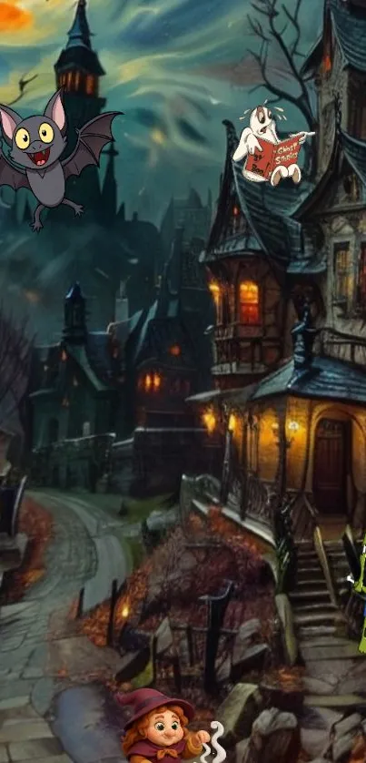 Cartoon village with Halloween theme and animated characters.