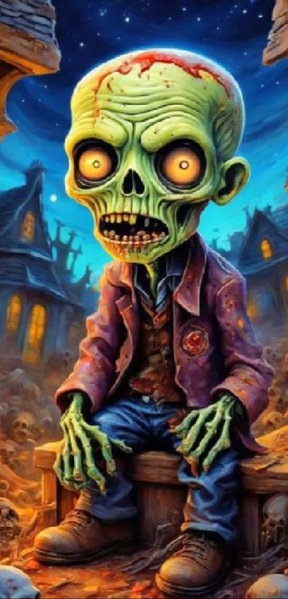 Cartoon zombie in haunted village scene.