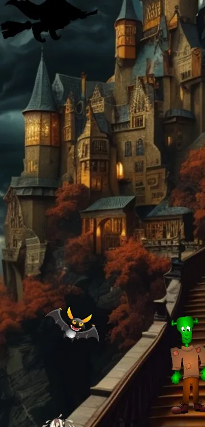 Gothic castle with eerie creatures in stormy setting.