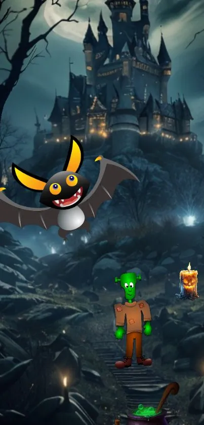 Animated spooky castle with bat and creatures in a dark forest.