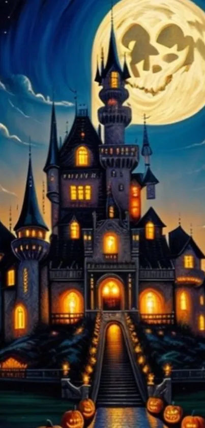 Haunted castle under a spooky full moon with pumpkins.